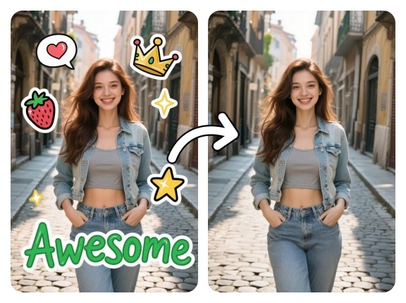 Young woman on a cobblestone street after Stricker Remover removes playful stickers